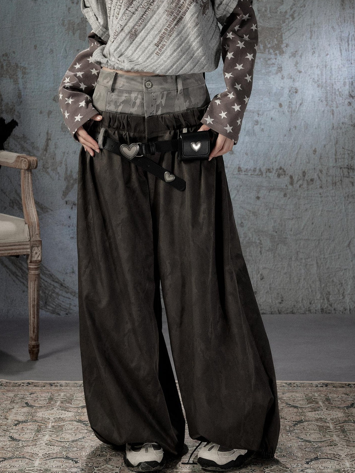Lost in Lunar Faux Two Piece Double Waistband Spliced Belted Women's Polyester Chinos