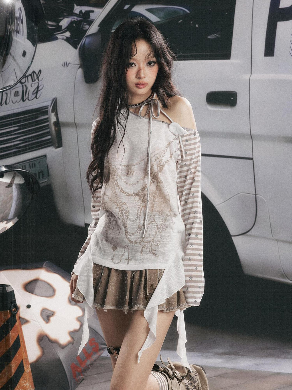 Lost in Lunar Loose Asymmetric One Shoulder A Line Sleeve Women's Viscose Long Sleeve T-shirts