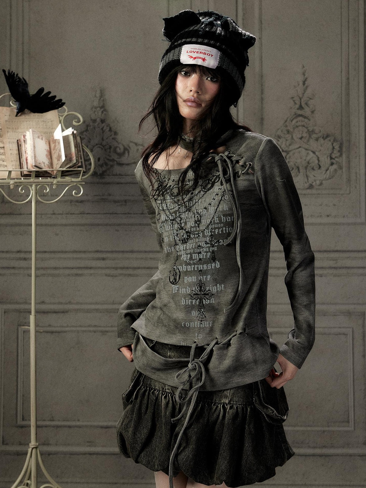 Lost in Lunar Off Shoulder Lace Up Letter Print Women's Long Sleeve T-shirts