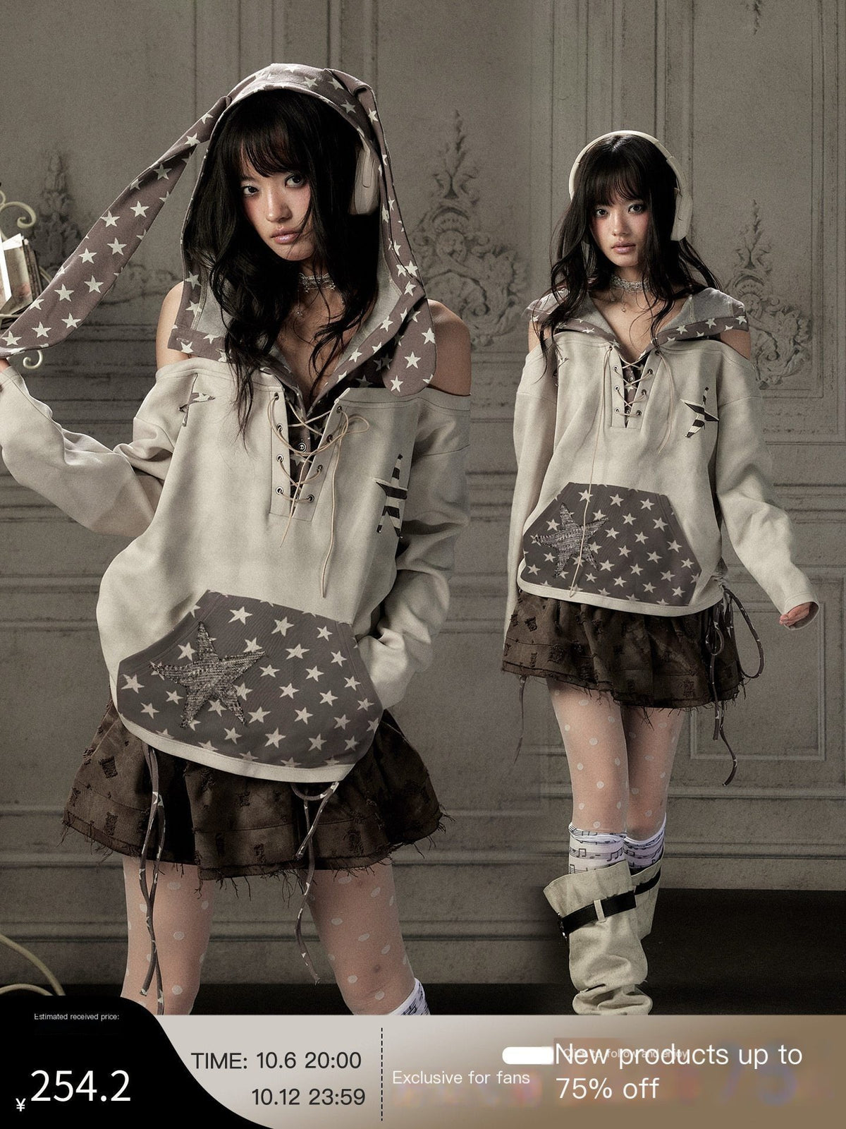 Lost_in_Lunar_Off_Shoulder_Rabbit_Ear_Star_Lace_Up_Cotton_Blend_Women's_Hoodies_1086400175393_MISSTT