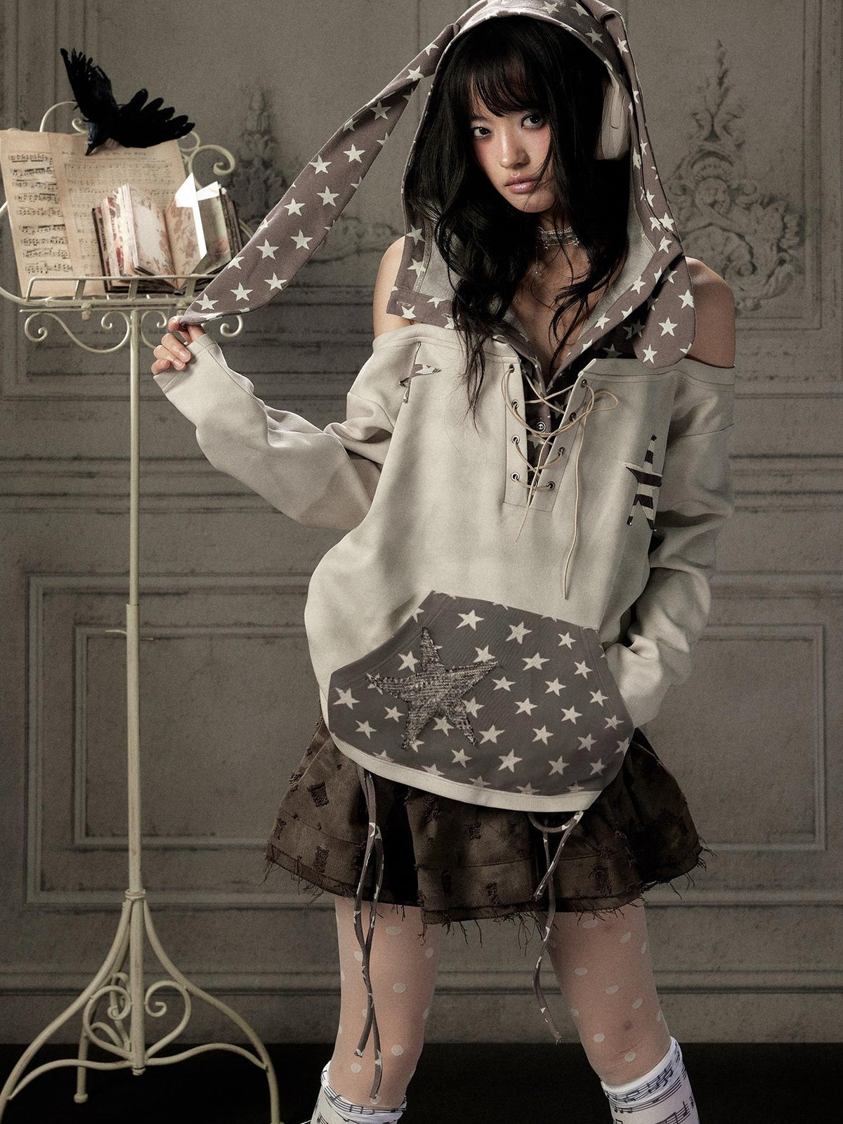 Lost in Lunar Off Shoulder Rabbit Ear Star Lace Up Cotton Blend Women's Hoodies