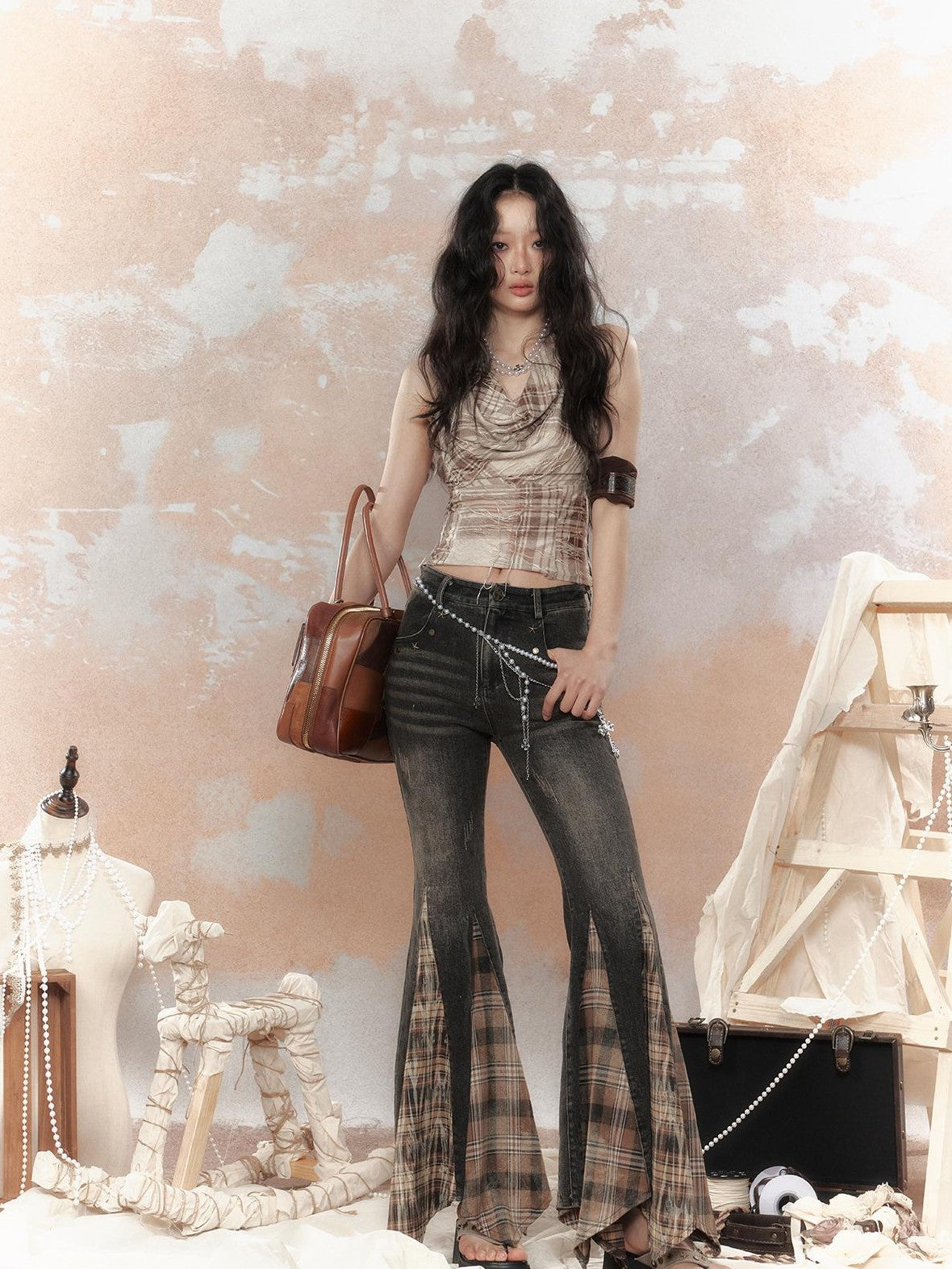 Lost in Lunar Plaid Fringe Draped Neck Women's Polyester Camisoles