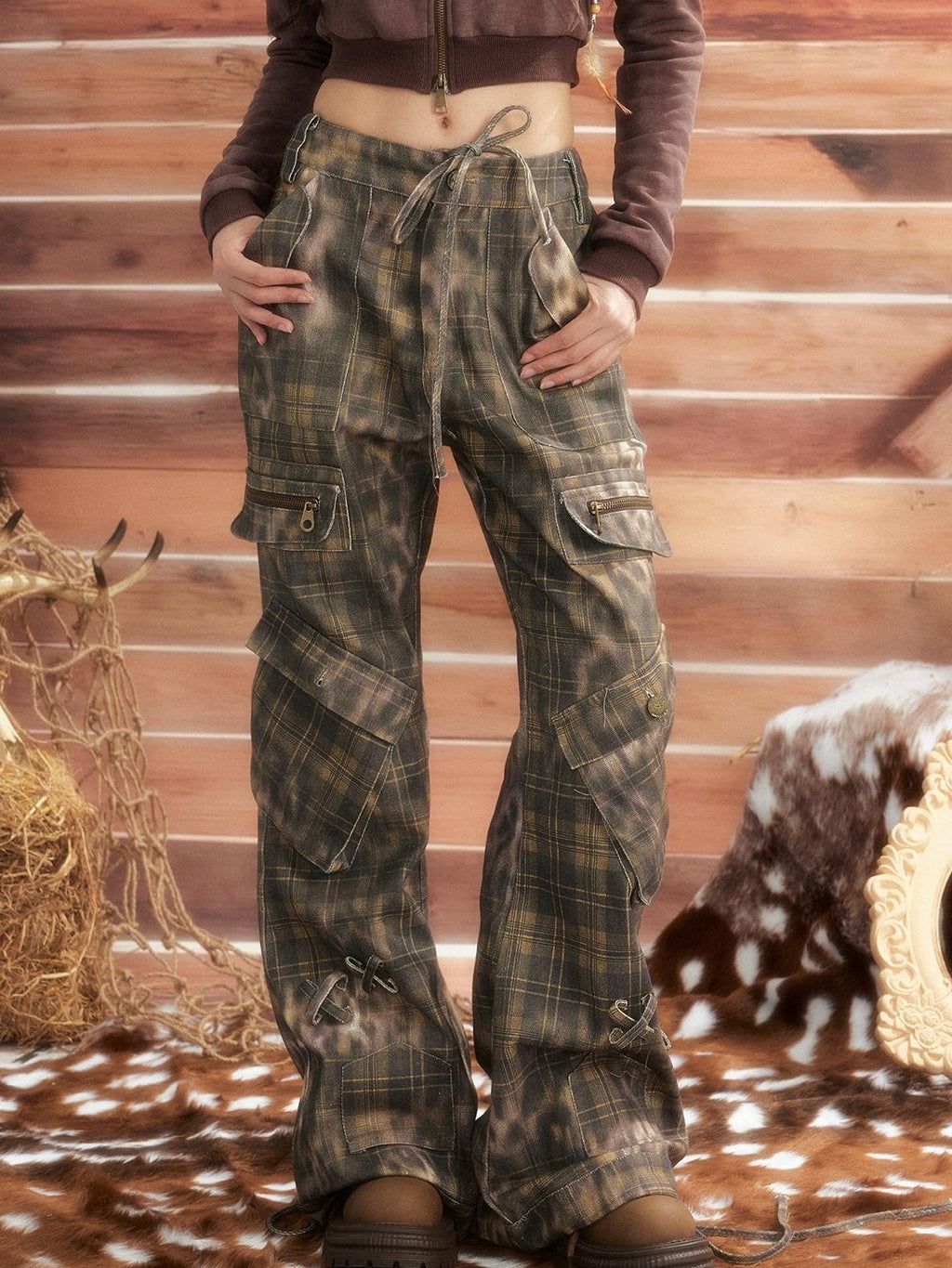 Lost in Lunar Plaid Patchwork Multi Pocket Women's Cotton Wide-leg Pants