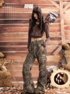 Lost in Lunar Plaid Patchwork Multi Pocket Women's Cotton Wide-leg Pants