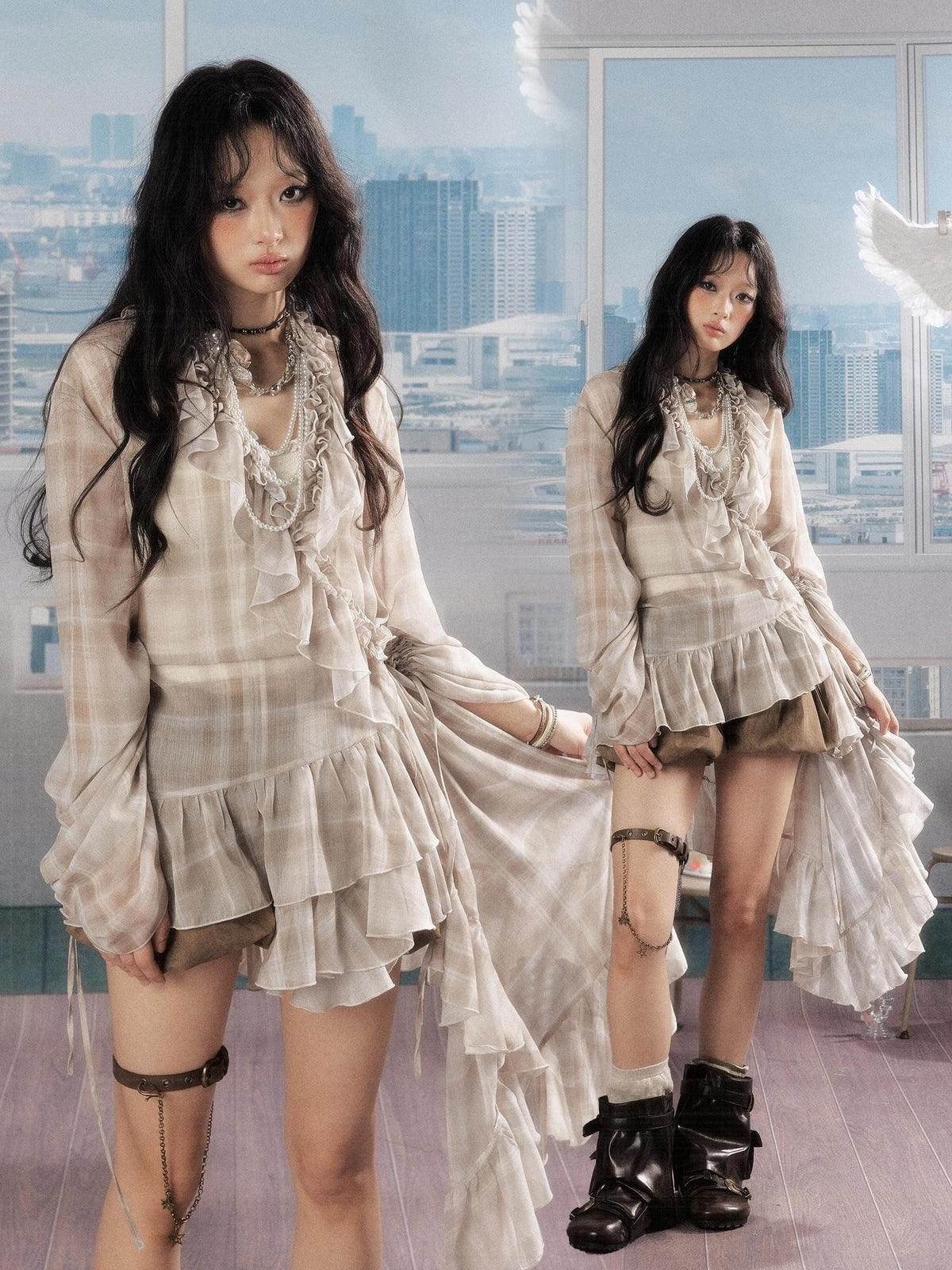 Lost in Lunar Plaid Ruffle Hem Loose Long Sleeve Women's Polyester Blouses
