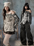 Lost in Lunar Plaid Spliced Asymmetric Wings Women's Polyester Long Sleeve T-shirts