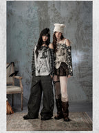 Lost in Lunar Plaid Spliced Asymmetric Wings Women's Polyester Long Sleeve T-shirts