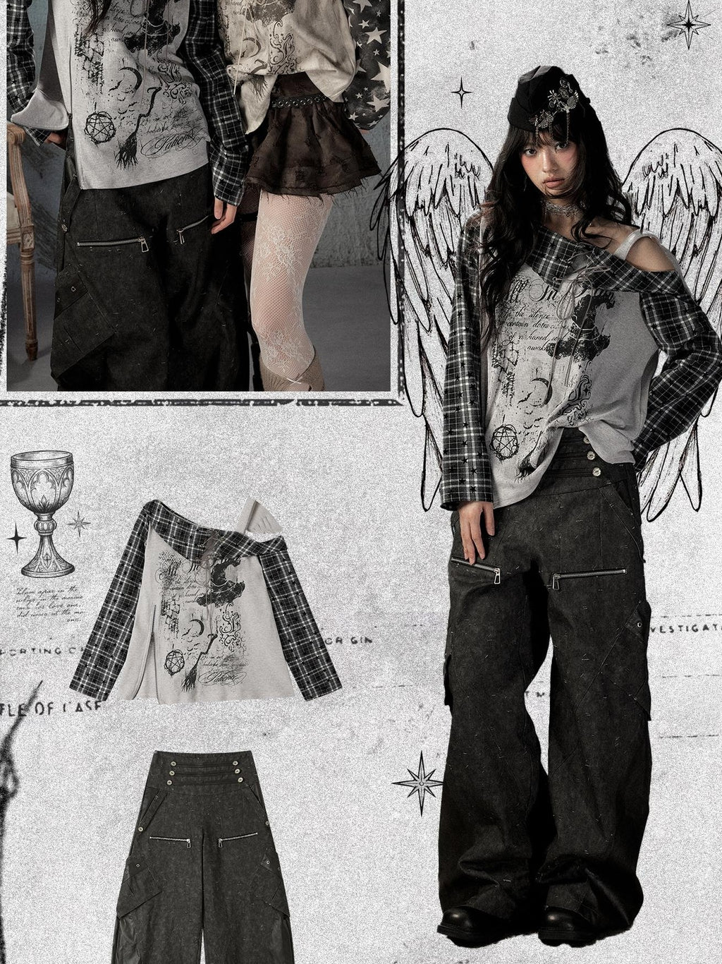 Lost in Lunar Plaid Spliced Asymmetric Wings Women's Polyester Long Sleeve T-shirts