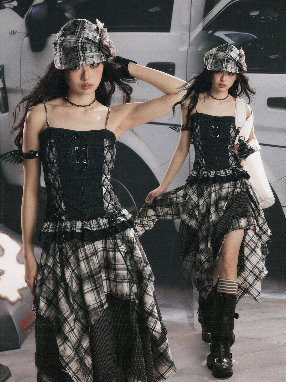 Lost in Lunar Plaid Spliced Ruffle Slim Fit Women's Denim Camisoles