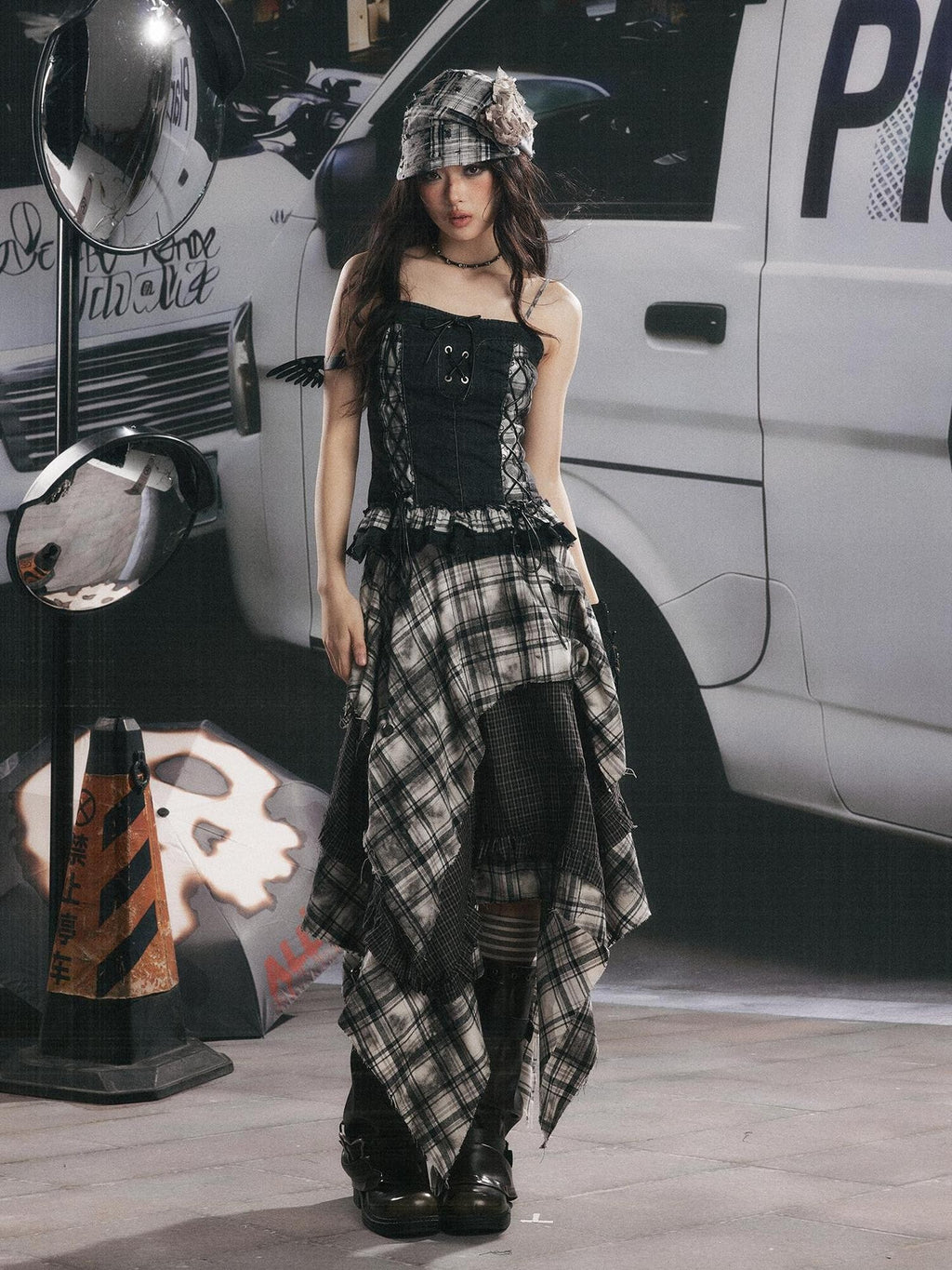 Lost in Lunar Plaid Spliced Ruffle Slim Fit Women's Denim Camisoles