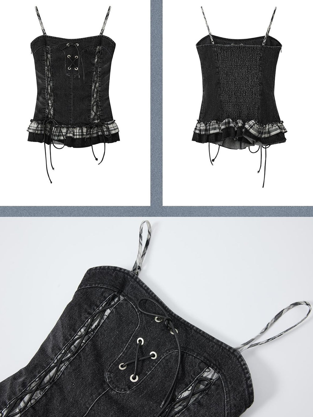 Lost in Lunar Plaid Spliced Ruffle Slim Fit Women's Denim Camisoles