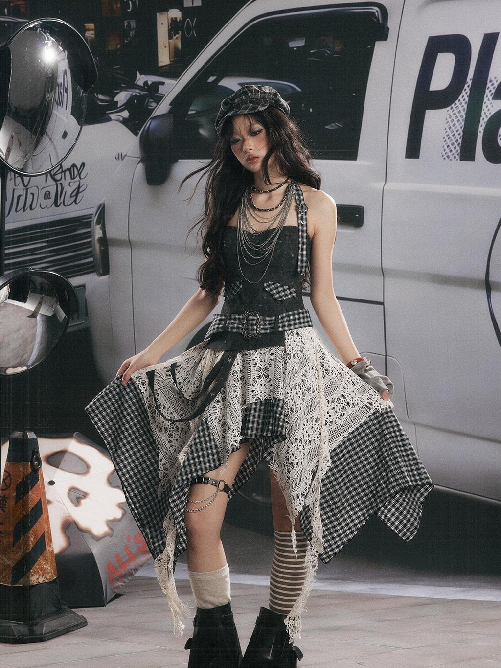 Lost in Lunar Plaid Spliced Tiered Bodycon Women's Polyester Cotton Slip Midi Dresses