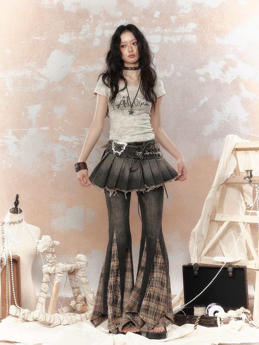 Lost in Lunar Punk Metal Belt Frayed Pleated Drawstring Cotton Women's Mini Skirts