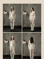 Lost in Lunar Ruffled Lapel Collar Long Sleeve Waist Cinched Women's Blouses