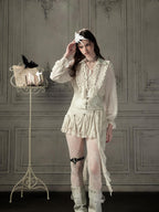 Lost in Lunar Ruffled Lapel Collar Long Sleeve Waist Cinched Women's Blouses