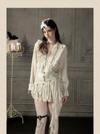 Lost in Lunar Ruffled Lapel Collar Long Sleeve Waist Cinched Women's Blouses