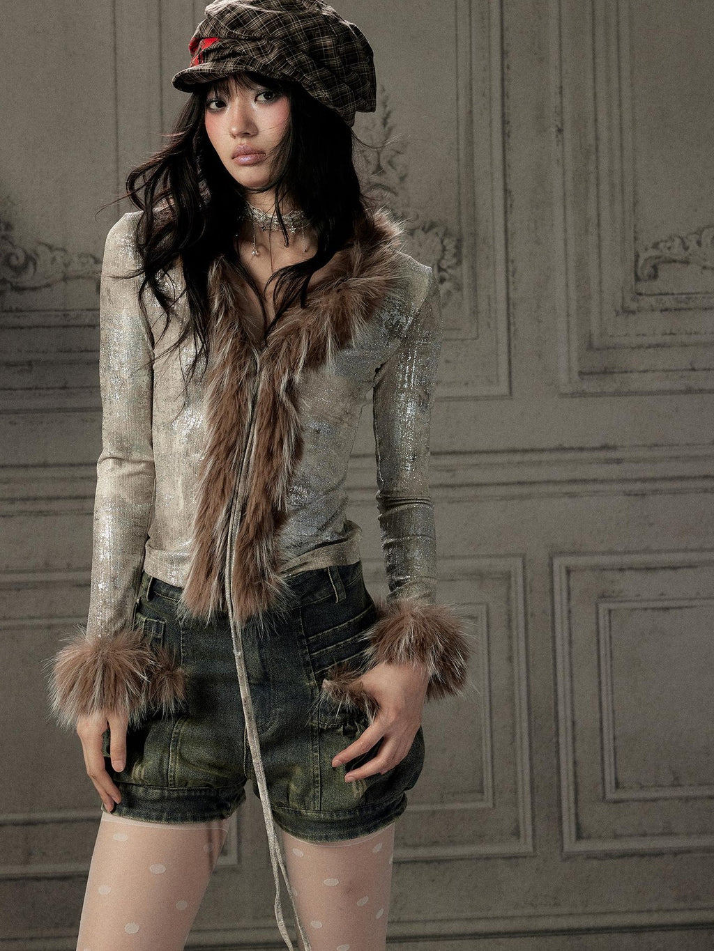 Lost in Lunar Shiny Silver Faux Fur V-neck Slim Fit Women's Long Sleeve T-shirts