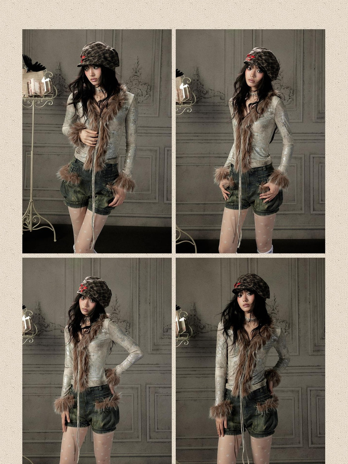 Lost in Lunar Shiny Silver Faux Fur V-neck Slim Fit Women's Long Sleeve T-shirts