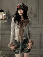 Lost in Lunar Shiny Silver Faux Fur V-neck Slim Fit Women's Long Sleeve T-shirts