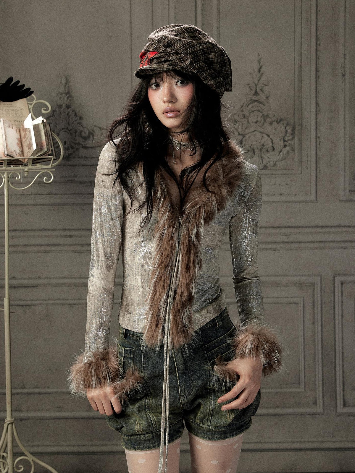 Lost in Lunar Shiny Silver Faux Fur V-neck Slim Fit Women's Long Sleeve T-shirts