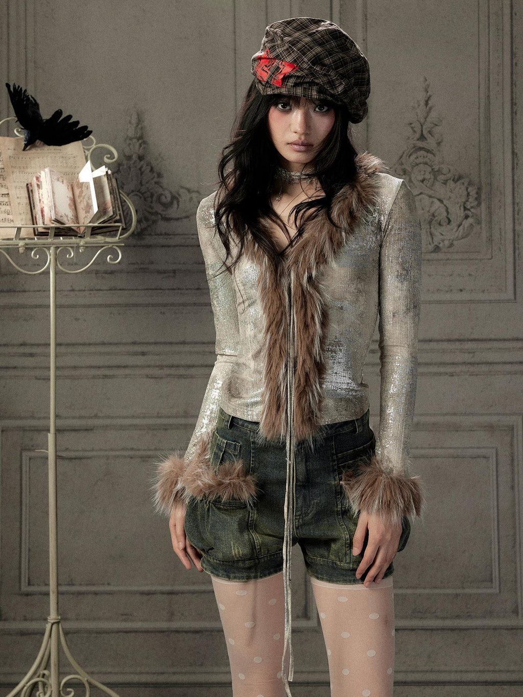 Lost in Lunar Shiny Silver Faux Fur V-neck Slim Fit Women's Long Sleeve T-shirts