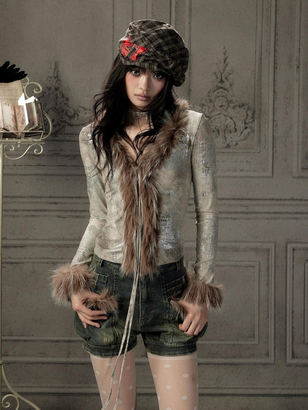 Lost in Lunar Shiny Silver Faux Fur V-neck Slim Fit Women's Long Sleeve T-shirts
