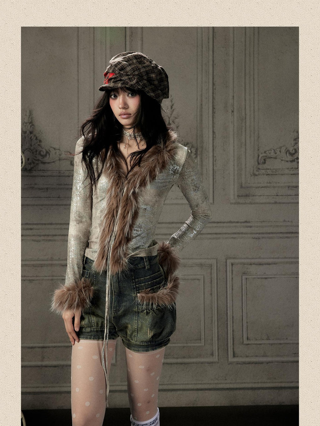 Lost in Lunar Shiny Silver Faux Fur V-neck Slim Fit Women's Long Sleeve T-shirts