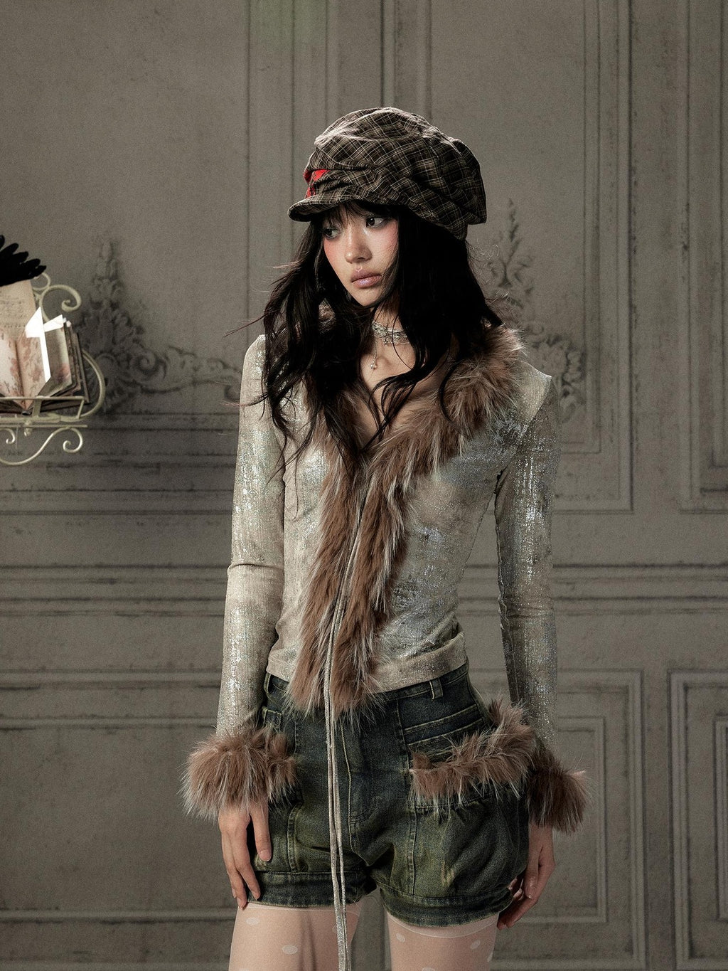 Lost in Lunar Shiny Silver Faux Fur V-neck Slim Fit Women's Long Sleeve T-shirts