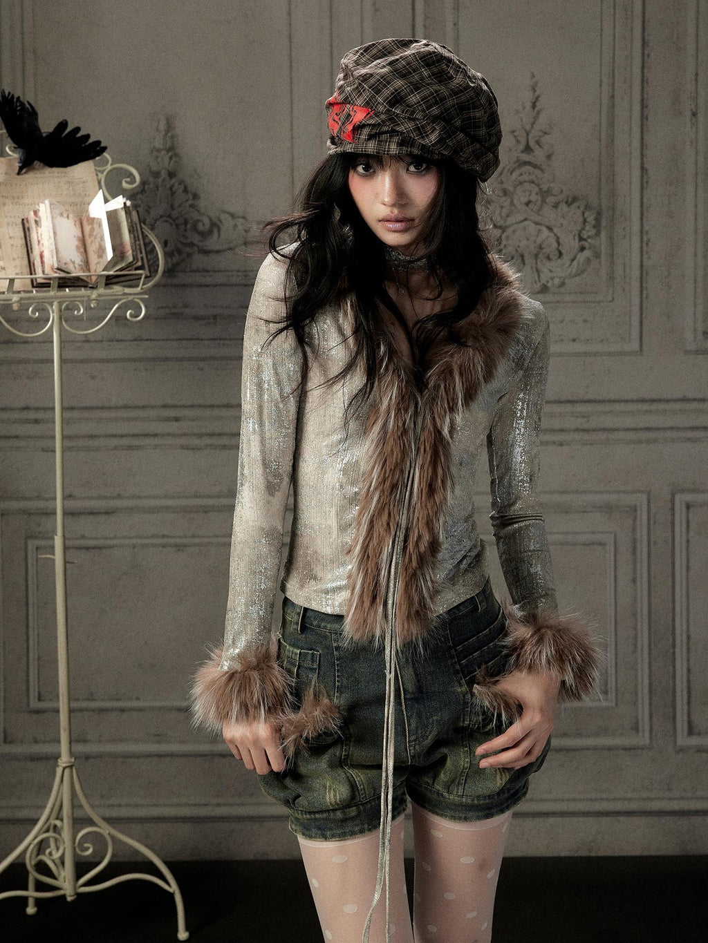 Lost in Lunar Shiny Silver Faux Fur V-neck Slim Fit Women's Long Sleeve T-shirts