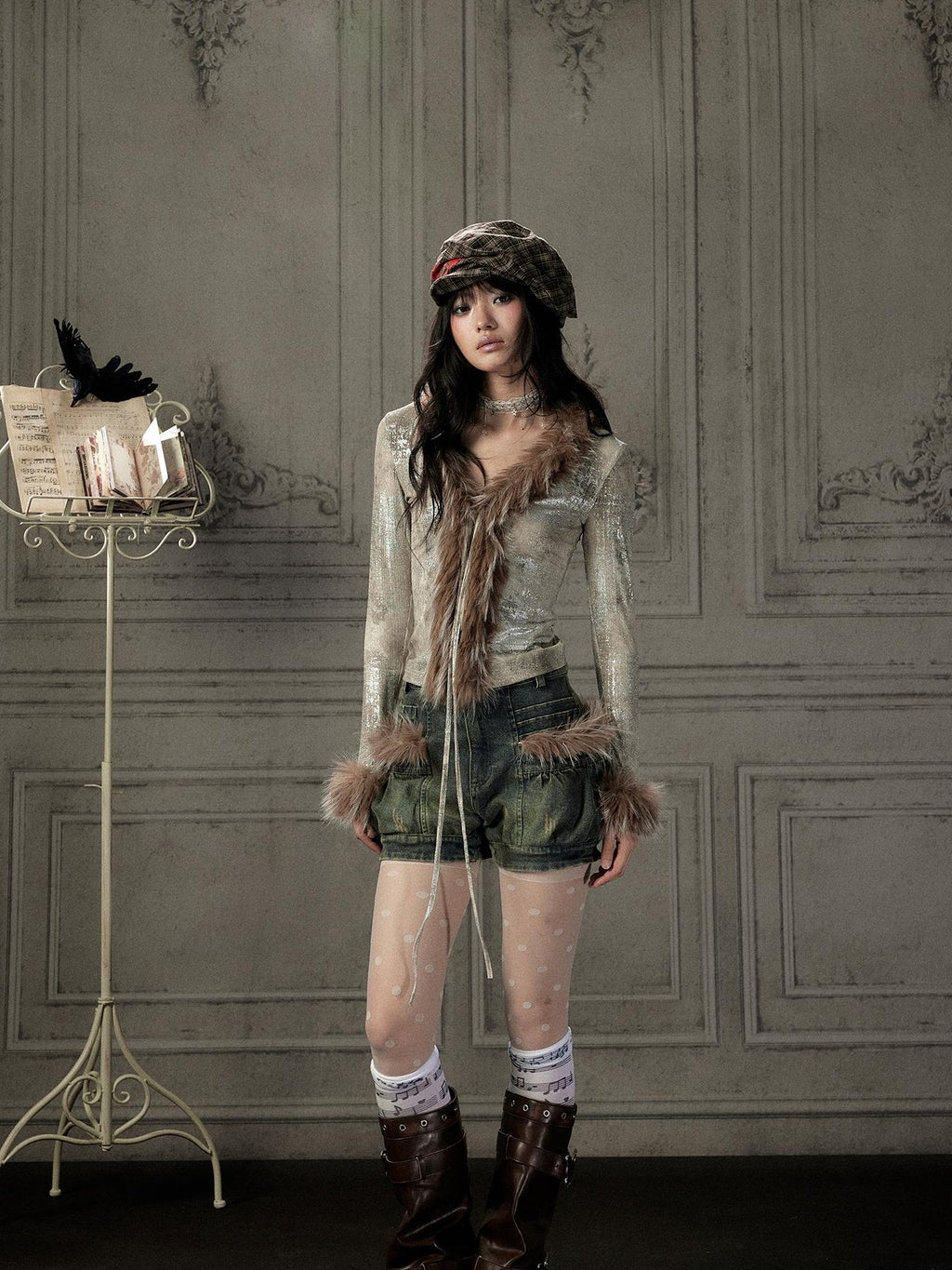 Lost in Lunar Shiny Silver Faux Fur V-neck Slim Fit Women's Long Sleeve T-shirts
