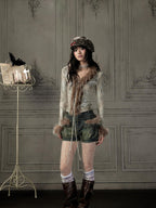 Lost in Lunar Shiny Silver Faux Fur V-neck Slim Fit Women's Long Sleeve T-shirts