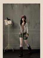 Lost in Lunar Shiny Silver Faux Fur V-neck Slim Fit Women's Long Sleeve T-shirts