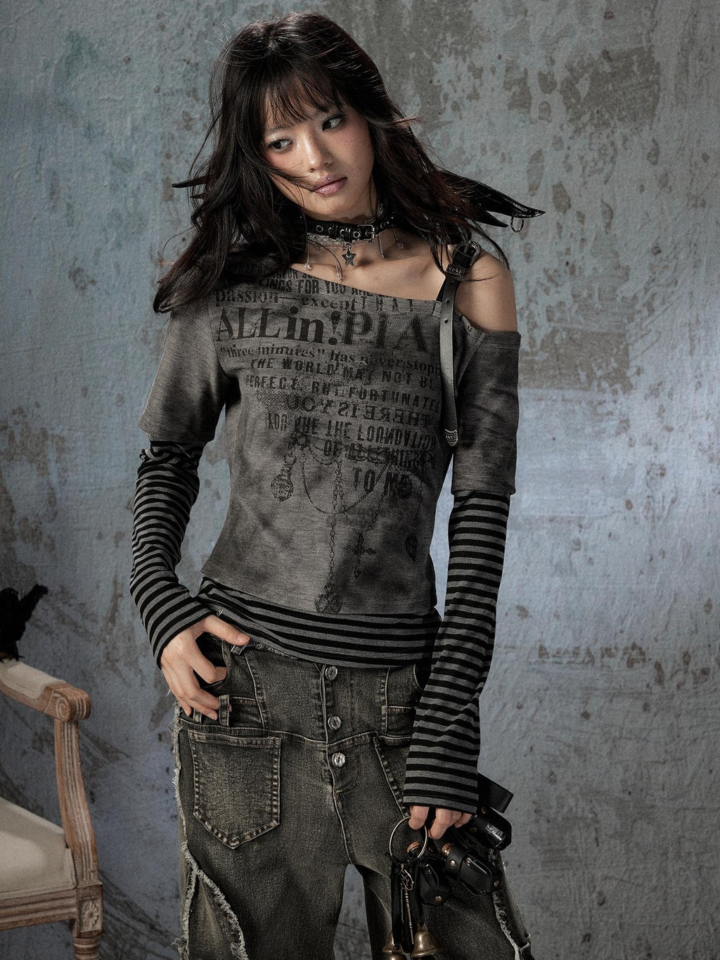 Lost in Lunar Striped Asymmetric One Shoulder Women's Polyamide Long Sleeve T-shirts
