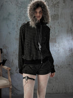 Lost in Lunar Striped Black Slim Fit Mid Rise Chino Shorts Women's