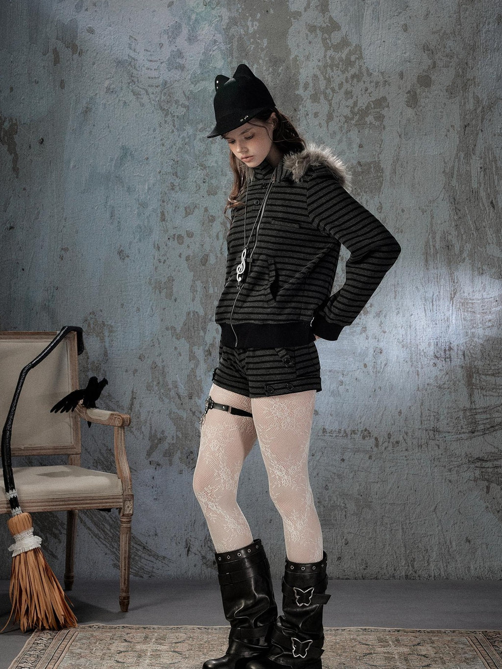 Lost in Lunar Striped Black Slim Fit Mid Rise Chino Shorts Women's
