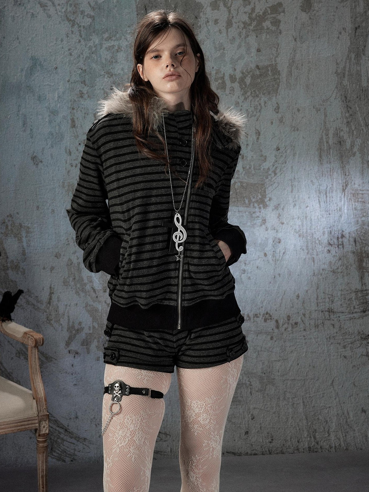 Lost in Lunar Striped Black Slim Fit Mid Rise Chino Shorts Women's