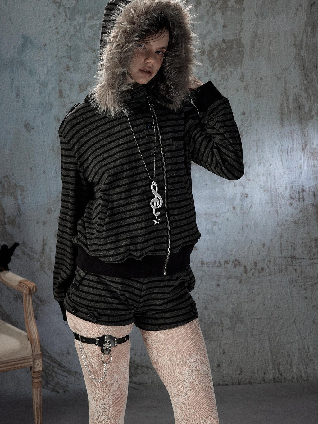 Lost in Lunar Striped Black Slim Fit Mid Rise Chino Shorts Women's