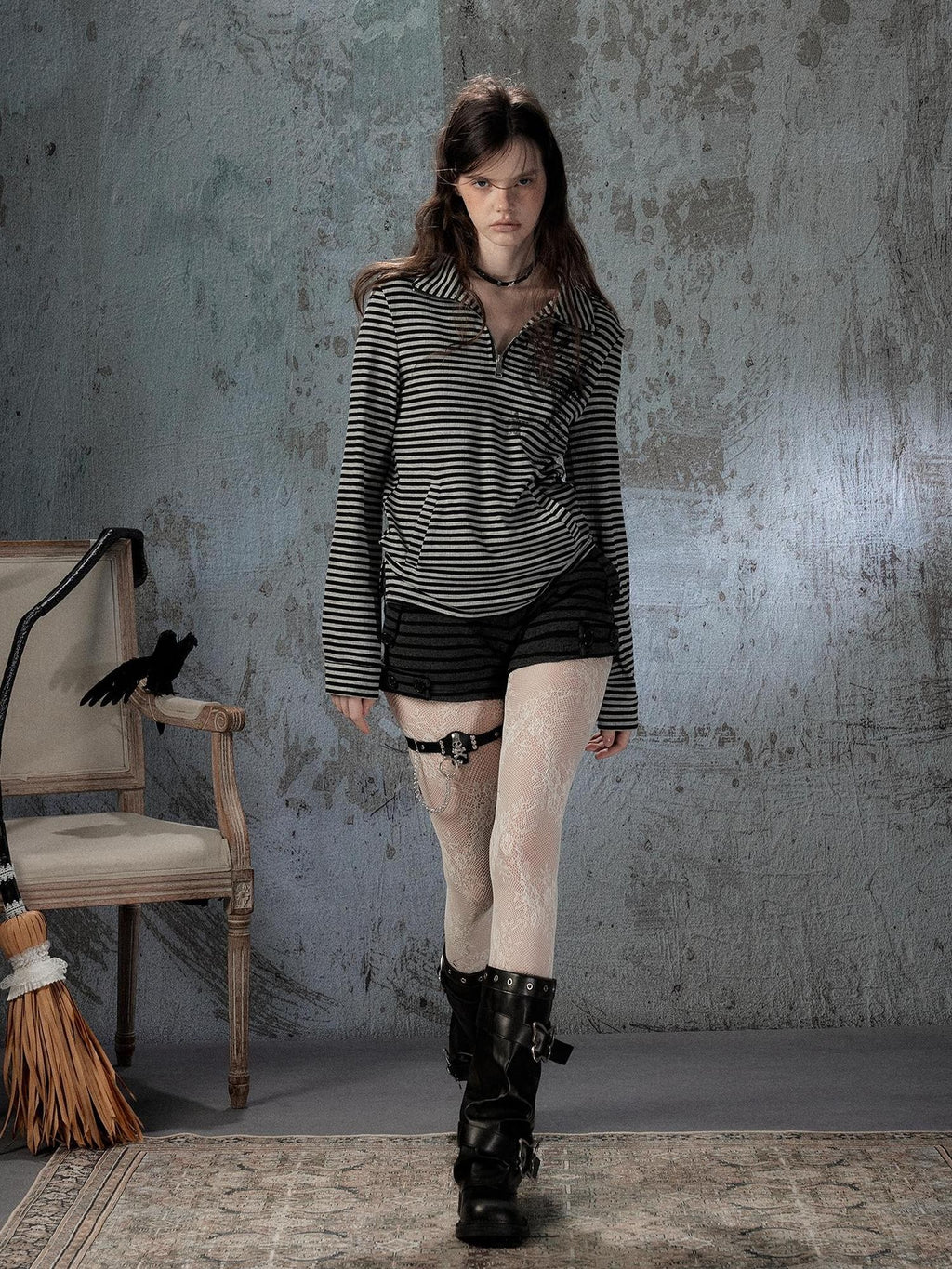 Lost in Lunar Striped Half Zip Lapel Print Loose Fit Women's Long Sleeve T-shirts