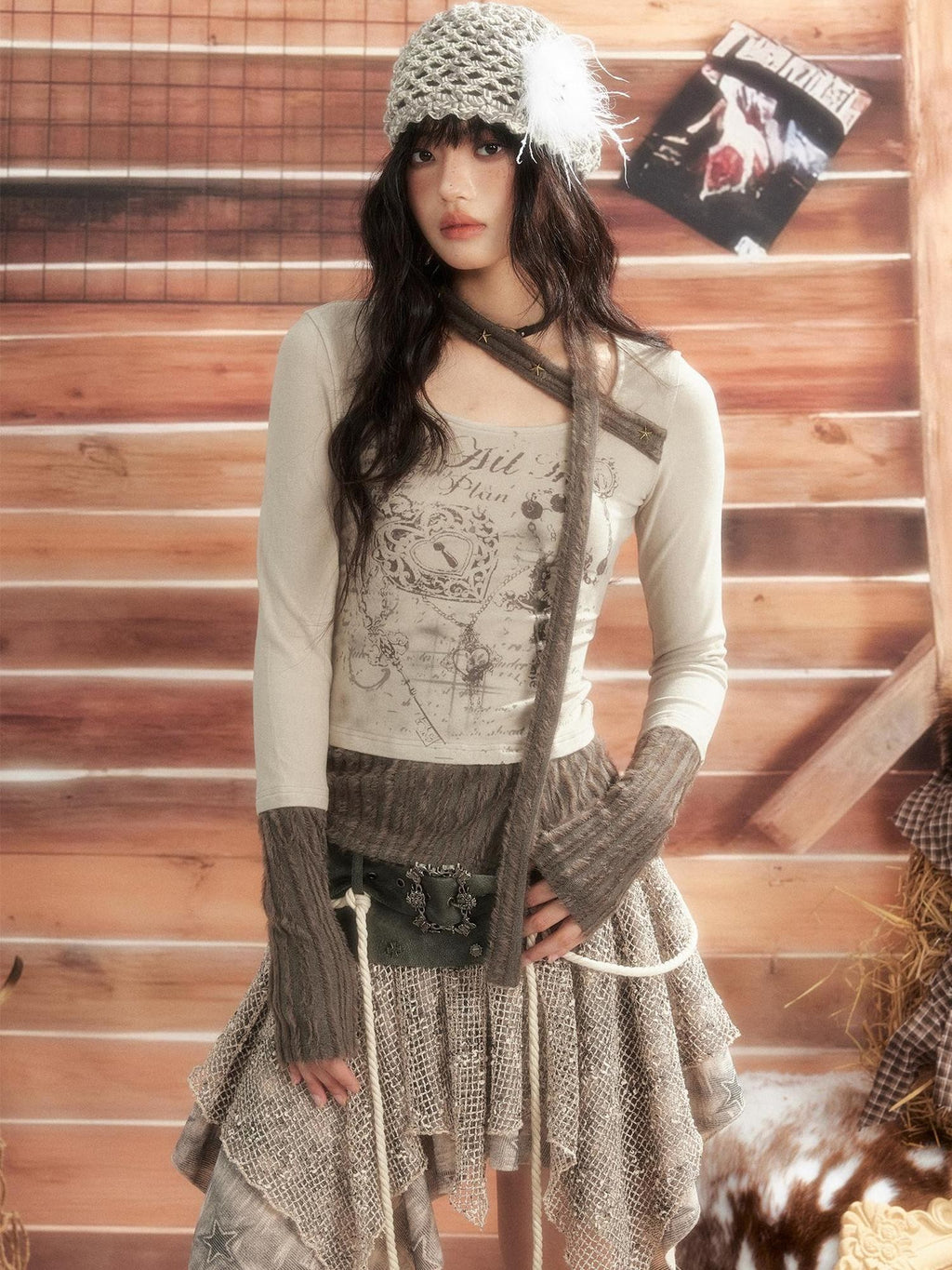Lost in Lunar Vintage Patchwork Scarf Print Slim Fit Women's Polyester Long Sleeve T-shirts