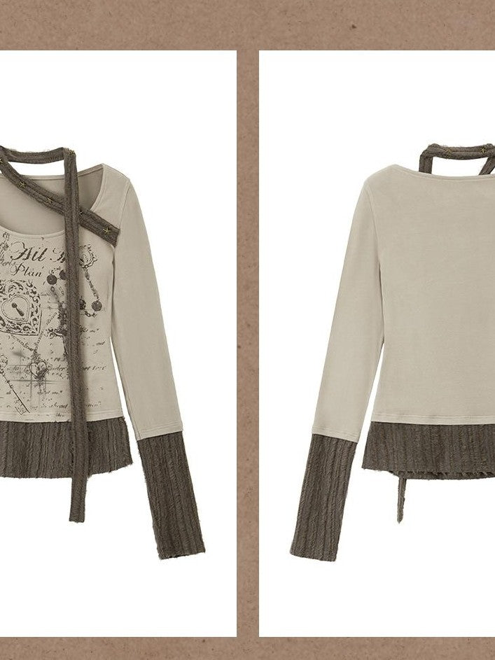 Lost in Lunar Vintage Patchwork Scarf Print Slim Fit Women's Polyester Long Sleeve T-shirts