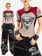 Nico Molly 3d Deconstructed Patchwork Heart Print V-neck Women's Short Sleeve T-shirts