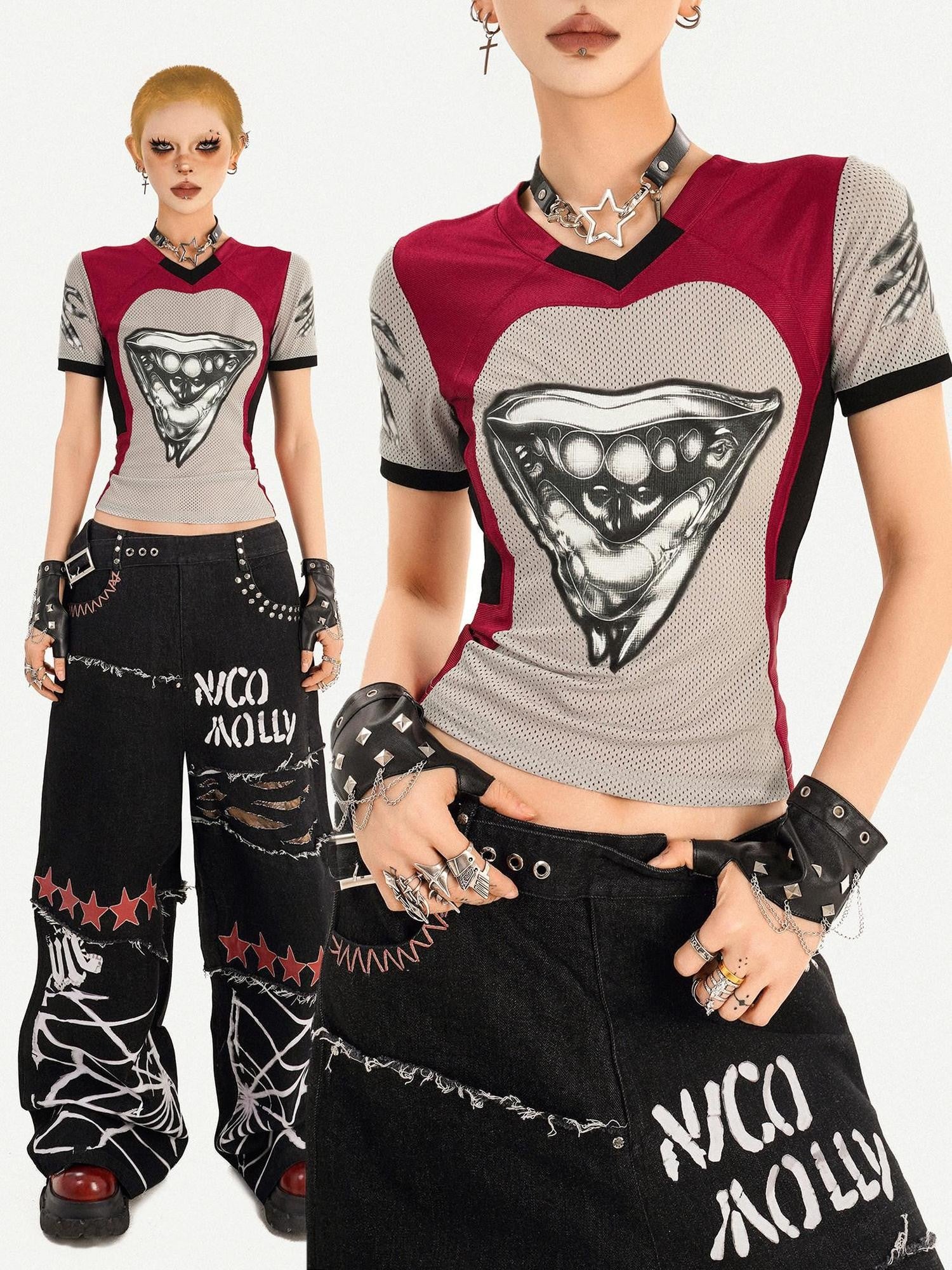 Nico Molly 3d Deconstructed Patchwork Heart Print V-neck Women's Short Sleeve T-shirts