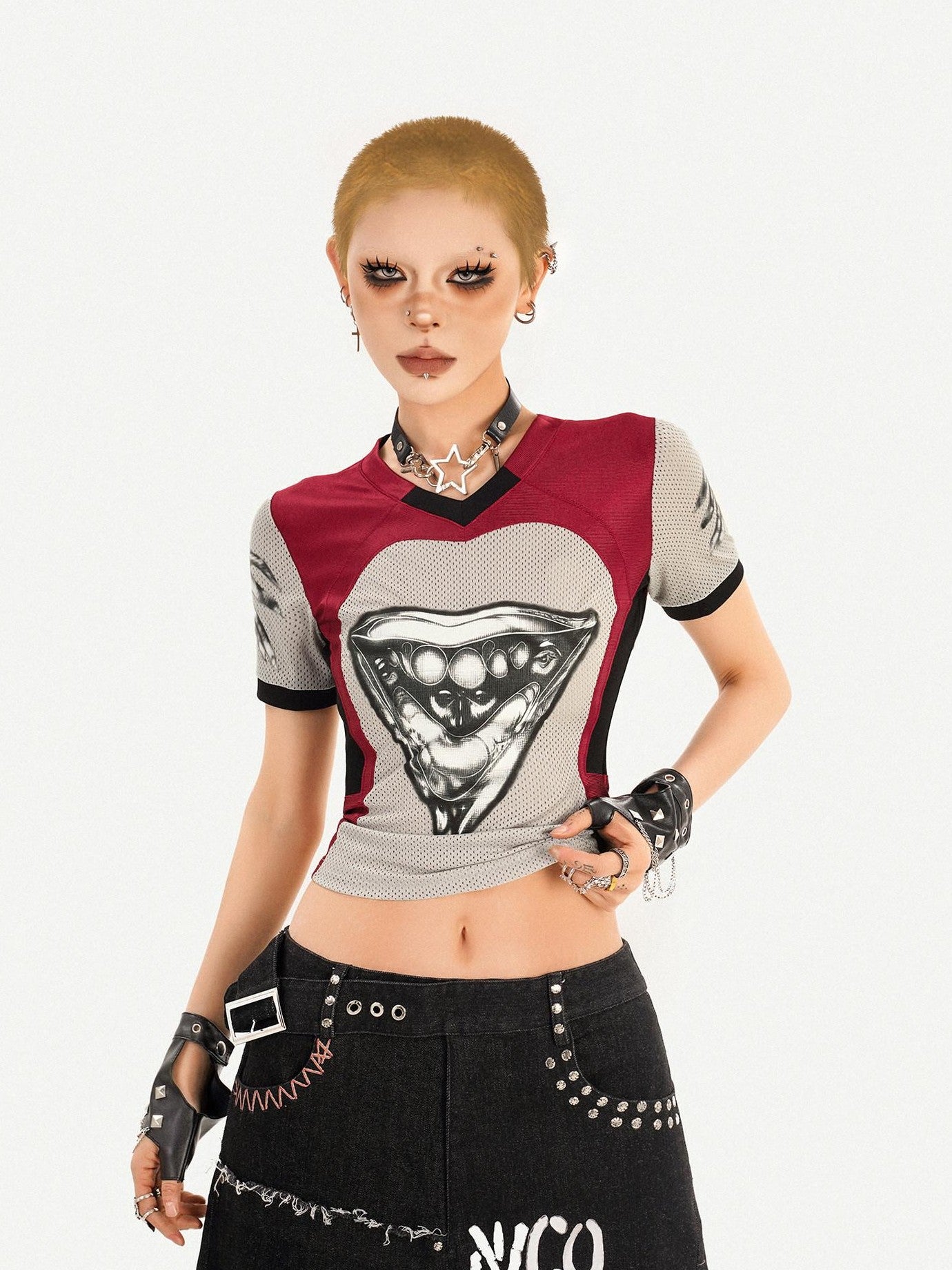 Nico Molly 3d Deconstructed Patchwork Heart Print V-neck Women's Short Sleeve T-shirts