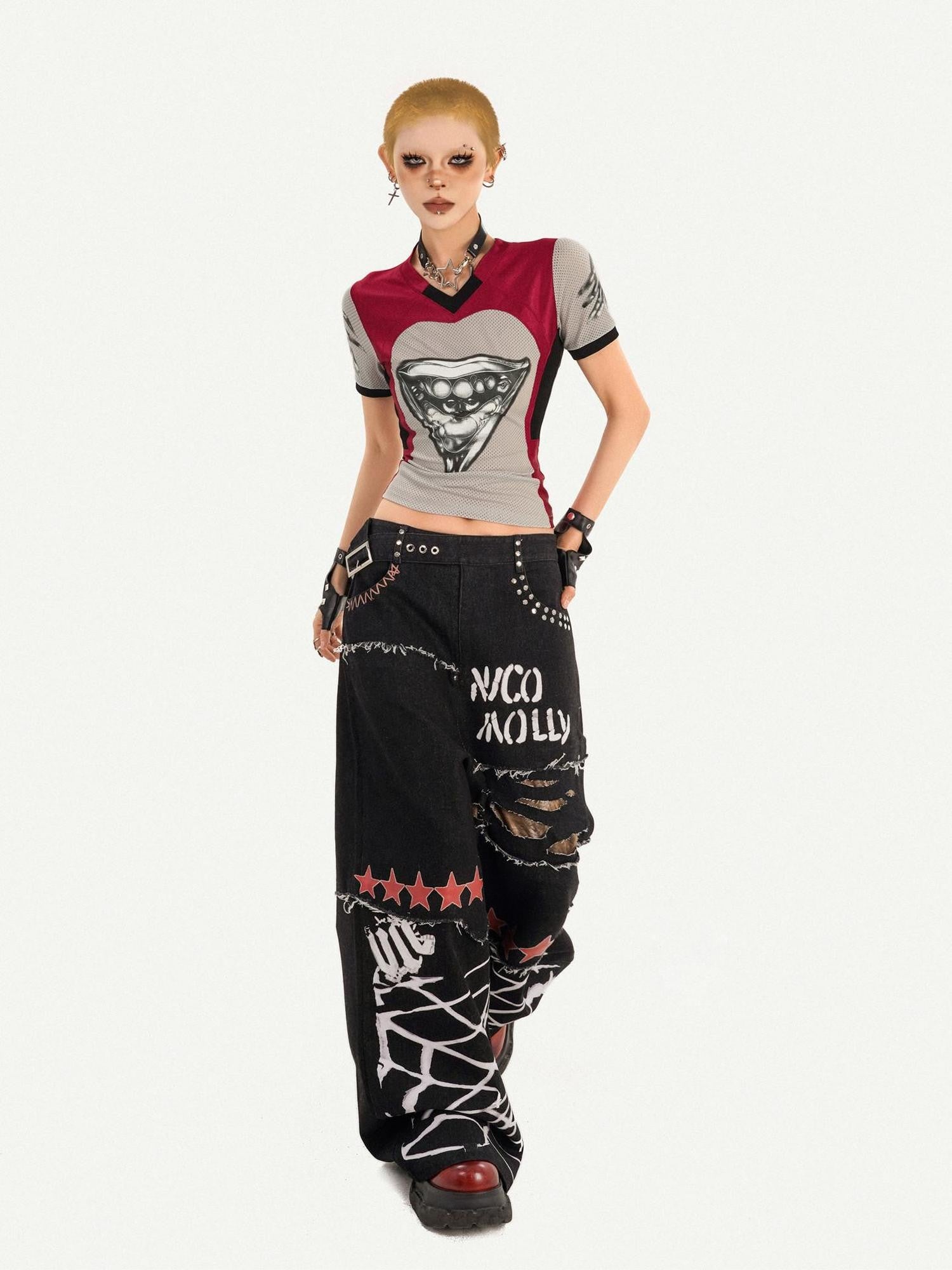 Nico Molly 3d Deconstructed Patchwork Heart Print V-neck Women's Short Sleeve T-shirts