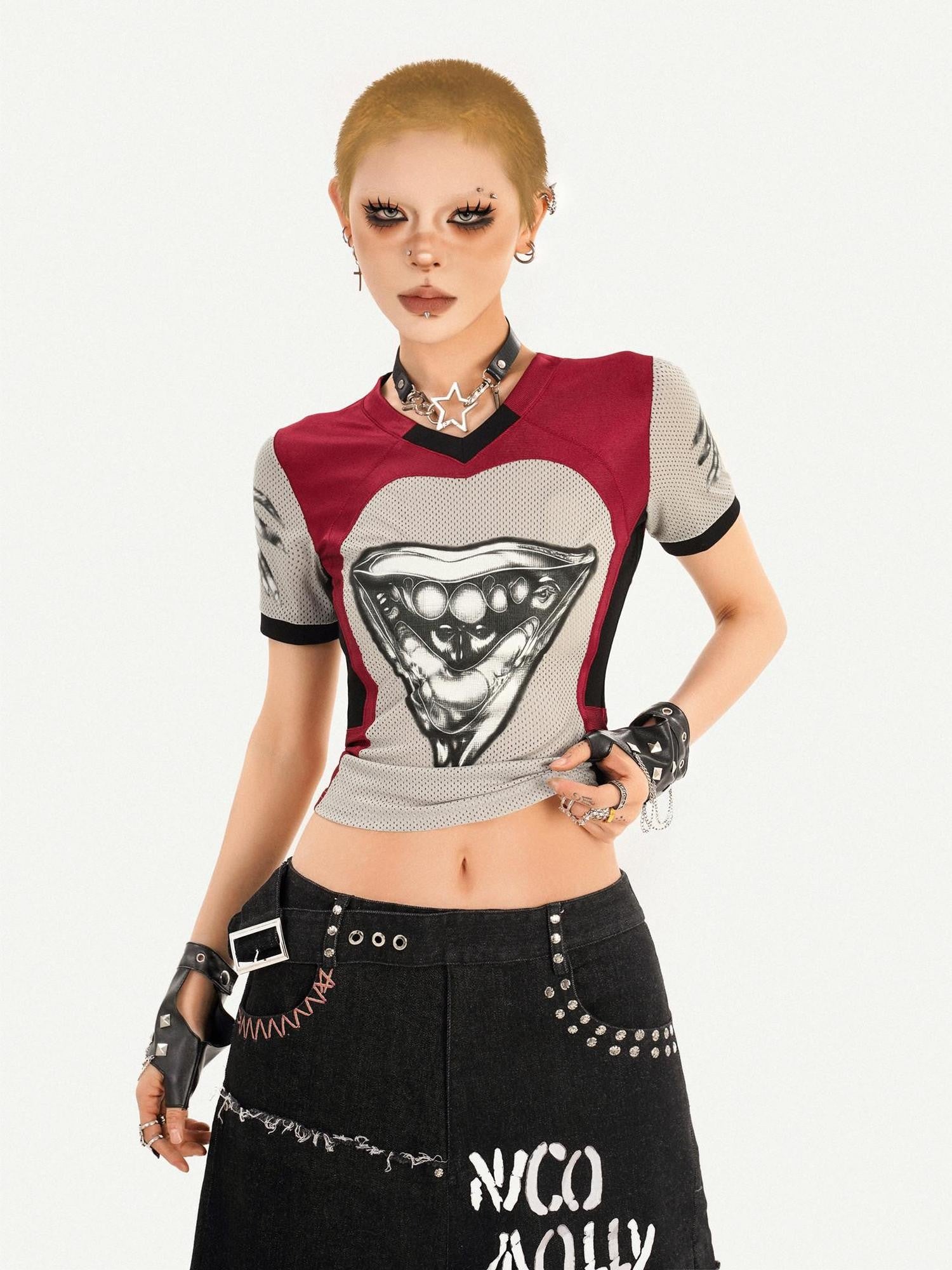 Nico Molly 3d Deconstructed Patchwork Heart Print V-neck Women's Short Sleeve T-shirts