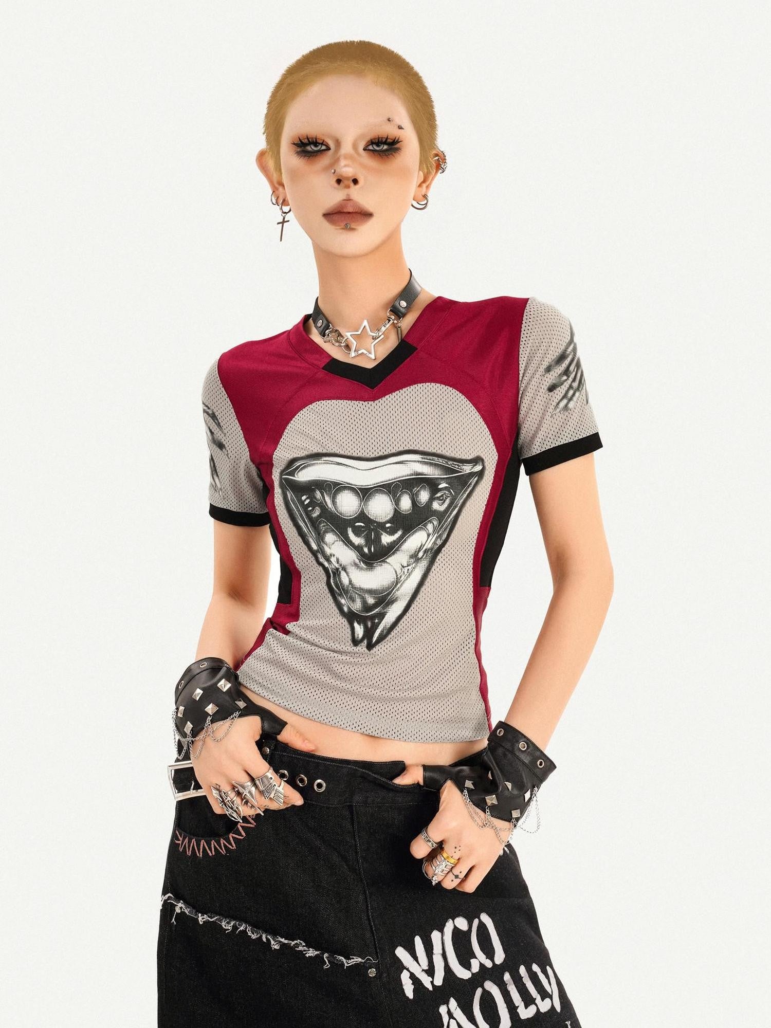 Nico Molly 3d Deconstructed Patchwork Heart Print V-neck Women's Short Sleeve T-shirts