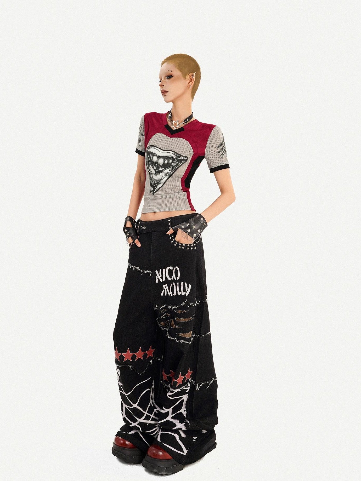 Nico Molly 3d Deconstructed Patchwork Heart Print V-neck Women's Short Sleeve T-shirts