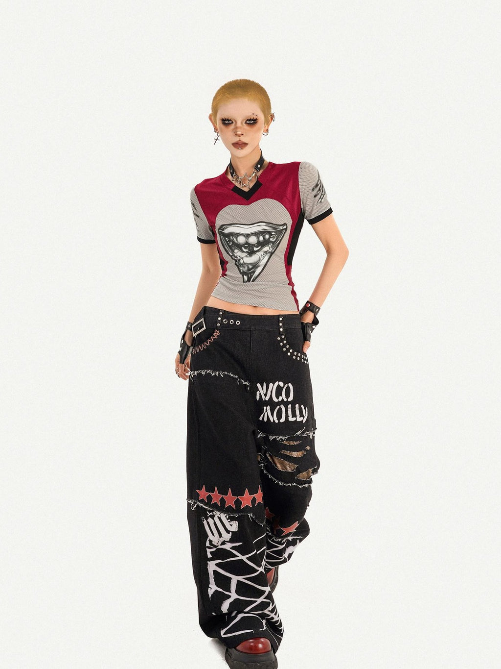 Nico Molly 3d Deconstructed Patchwork Heart Print V-neck Women's Short Sleeve T-shirts