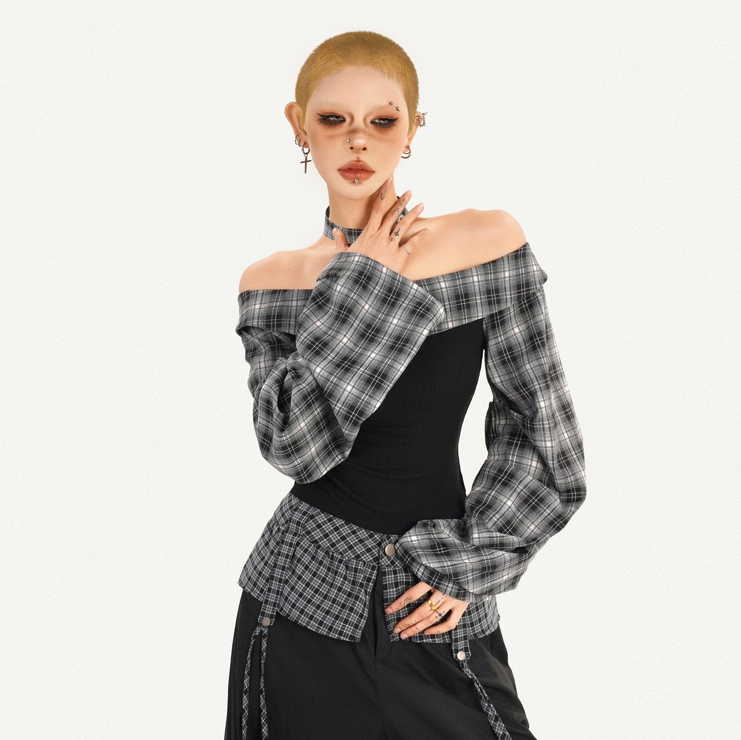 Nico_Molly_American_Plaid_Patchwork_Bardot_Neck_Cargo_Wide_Leg_Women's_Top_&_Pants_Sets_1014894261955_MISSTT