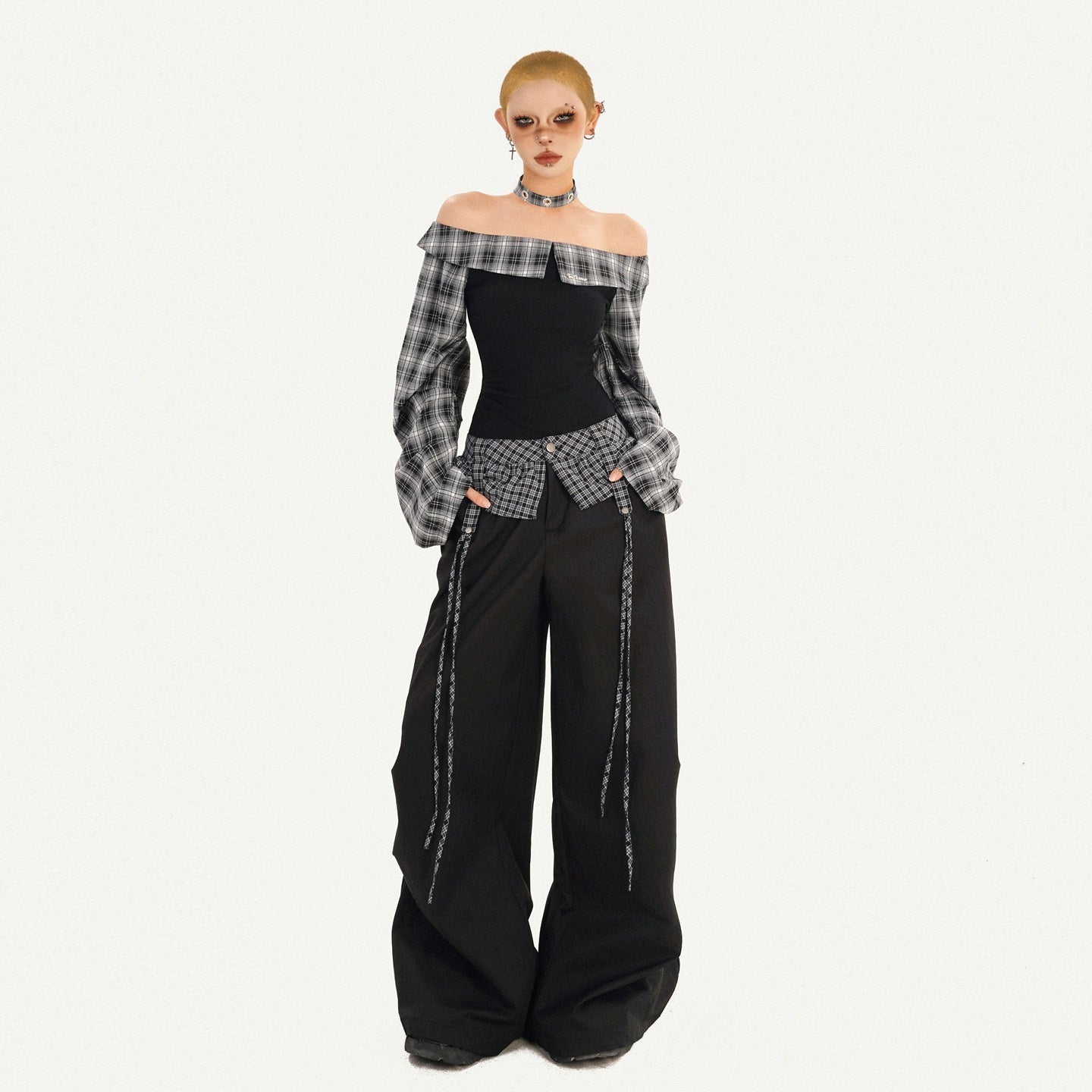 Nico_Molly_American_Plaid_Patchwork_Bardot_Neck_Cargo_Wide_Leg_Women's_Top_&_Pants_Sets_1014894261955_MISSTT